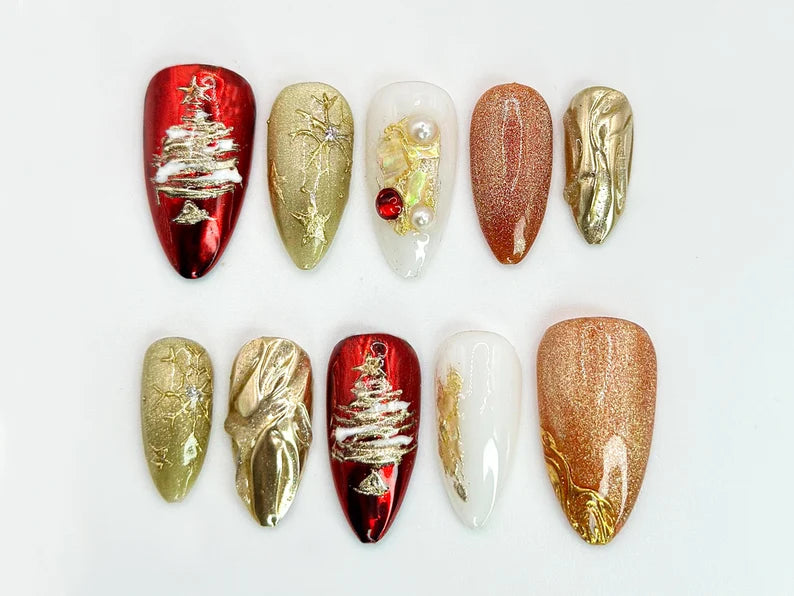 Christmas Tree Press On Nails | Red & Gold Holiday Nail Art with 3D Details | Christmas Tree, Pearl Accents | Holiday Nail Set