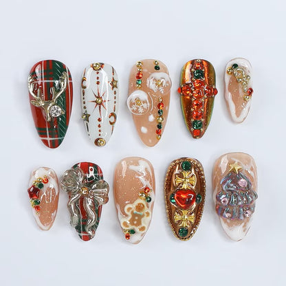 Festive 3D Christmas Tree & Reindeer Press-On Nails: Bright Colors to Celebrate a Cozy Christmas Night in Medium Almond Shape