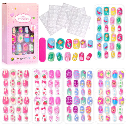 120Pcs Sweet Girls Candy Nail Tips Kids Colorful Cartoon Press on Nails Festival Full Cover Acrylic False Nails Manicure Tools