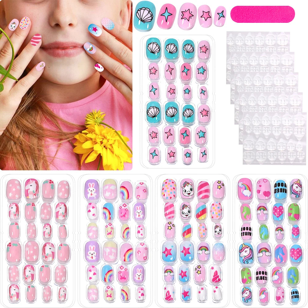 120Pcs Sweet Girls Candy Nail Tips Kids Colorful Cartoon Press on Nails Festival Full Cover Acrylic False Nails Manicure Tools