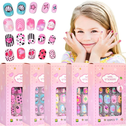 120Pcs Sweet Girls Candy Nail Tips Kids Colorful Cartoon Press on Nails Festival Full Cover Acrylic False Nails Manicure Tools