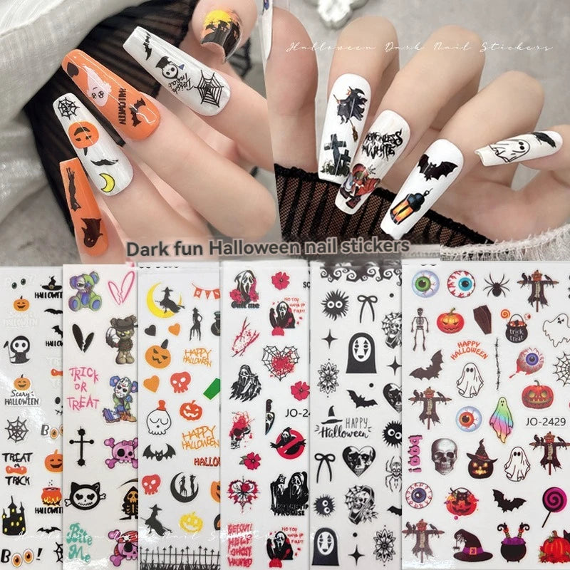 Spider Skull Pumpkin Head Bat Nail Stickers Sliders Halloween Stickers Charms Decoration Nail Decals Accessory