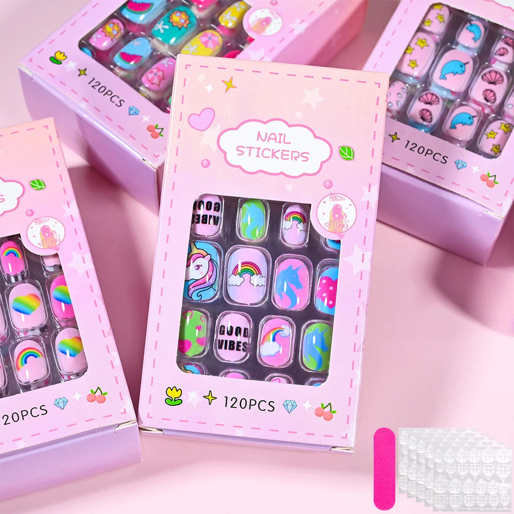 120Pcs Sweet Girls Candy Nail Tips Kids Colorful Cartoon Press on Nails Festival Full Cover Acrylic False Nails Manicure Tools