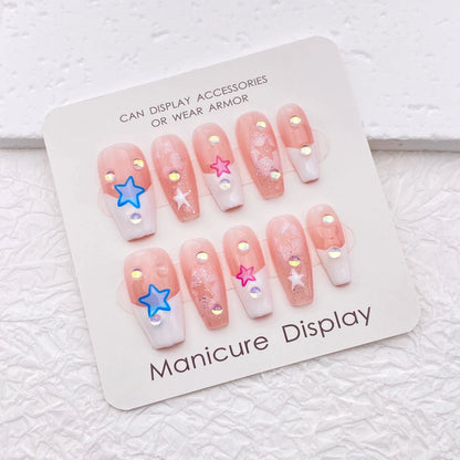 Cute Hand Painted Handmade Acrylic Press On Nails/Hollow Out Star French Tip Kawaii Nails/Y2K Glitter False Nails