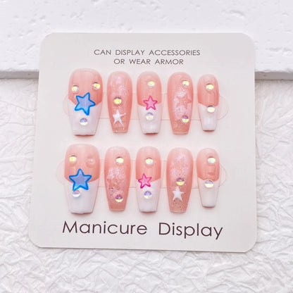 Cute Hand Painted Handmade Acrylic Press On Nails/Hollow Out Star French Tip Kawaii Nails/Y2K Glitter False Nails