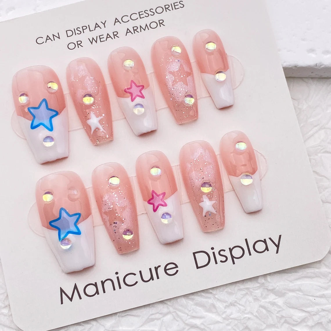 Cute Hand Painted Handmade Acrylic Press On Nails/Hollow Out Star French Tip Kawaii Nails/Y2K Glitter False Nails