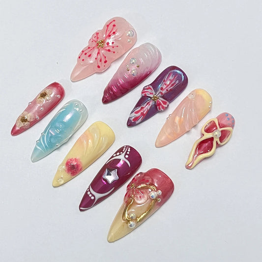 3D Dry Orchard Flower Long Almond Press On Nail, Custom Handpainted Acrylic Spring Fake/False Nail, Floral Nails