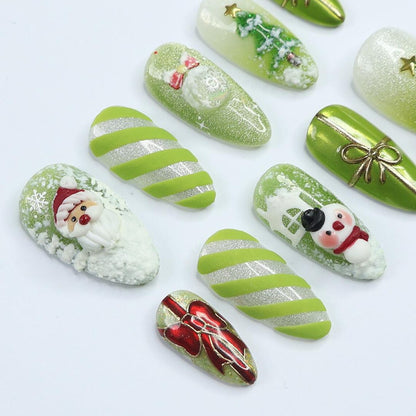 Festive Green Medium Almond Press-On Nails: Adorned with Santa Claus, Snowman Designs - Perfect for Christmas Day or Gift for Her