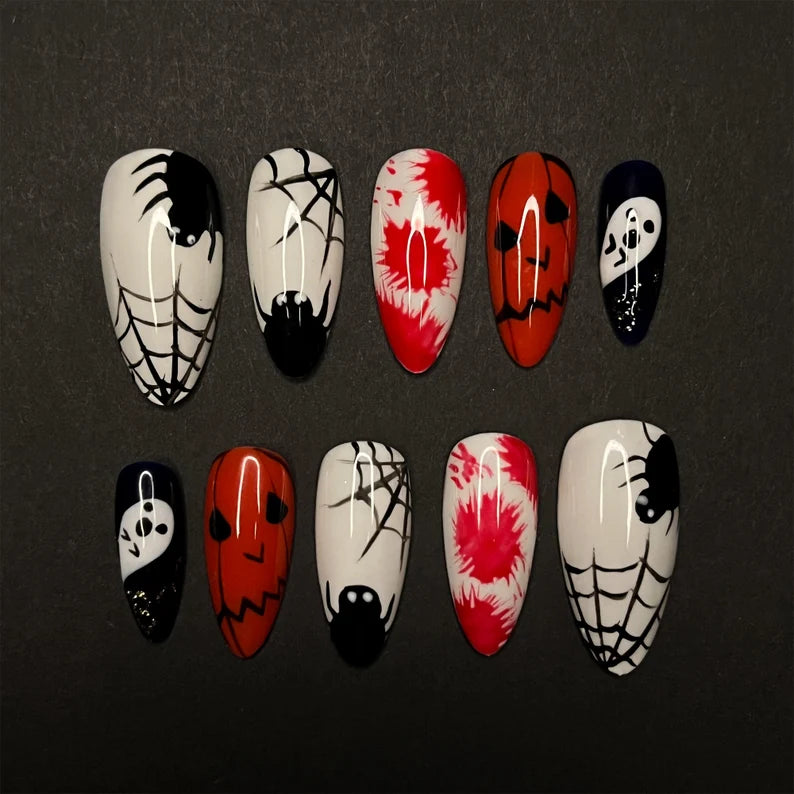 Red Blood, Black Spider Ghosh Almond Press On Nail, Halloween/Cosplay/Carnival Nail Art, Handpainted Fake Nail, Reusable Nail