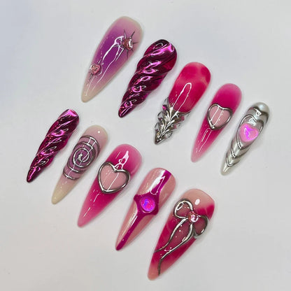 Freestyle 3D Pink & Purple Chrome Long Almond Press On Nails, Cute Valentine Fake Nails, Holiday Birthday Event Nails Art