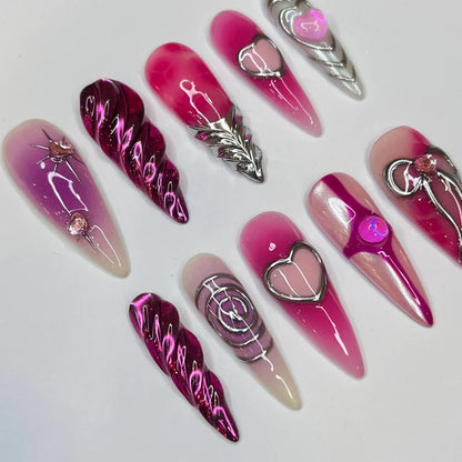 Freestyle 3D Pink & Purple Chrome Long Almond Press On Nails, Cute Valentine Fake Nails, Holiday Birthday Event Nails Art