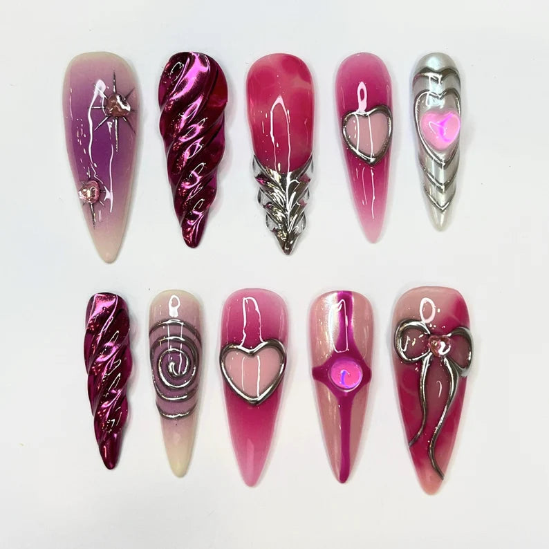 Freestyle 3D Pink & Purple Chrome Long Almond Press On Nails, Cute Valentine Fake Nails, Holiday Birthday Event Nails Art