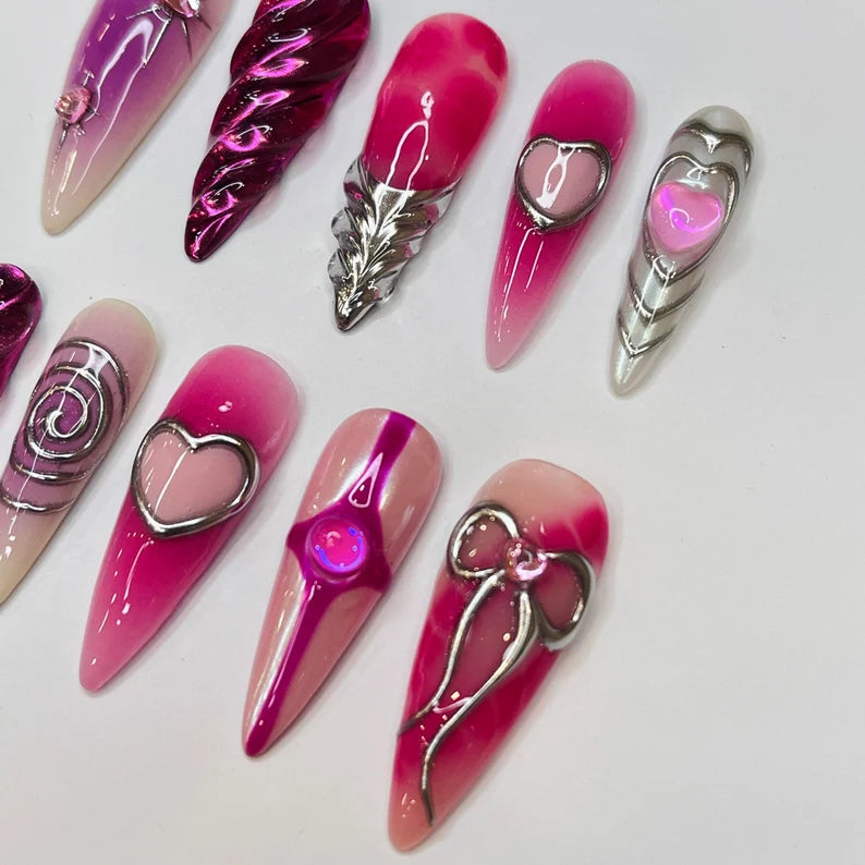 Freestyle 3D Pink & Purple Chrome Long Almond Press On Nails, Cute Valentine Fake Nails, Holiday Birthday Event Nails Art