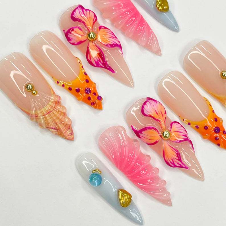 3D Flower With Seashell French Tip Long Almond Press On Nails, Unique Design Fake Nail Art, Beauitful Nail for Birthday Vacation Holiday