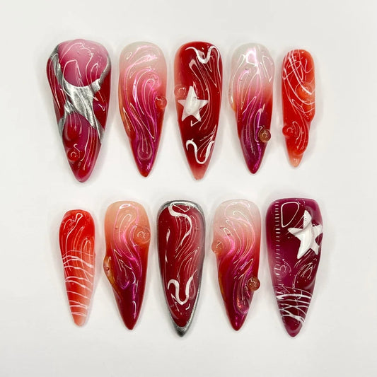 Red 3D Gel With Silver Star Long Almond Press On Nails, 3D Gel Fairycore Fake Nails, Dreamy Nails for Birthday Vacation Holiday