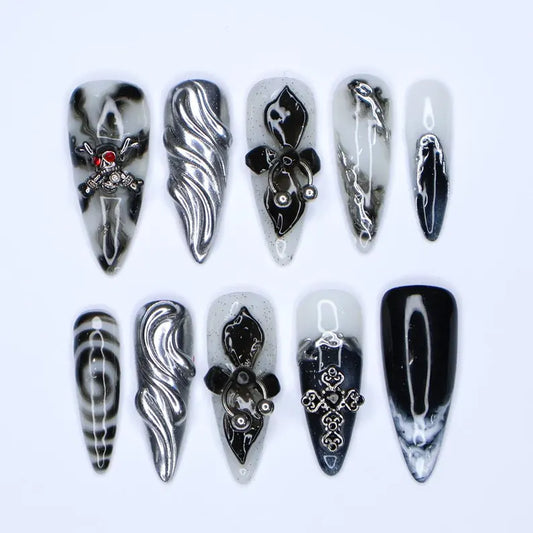 Black & White Theme Halloween Long Almond Press On Nail, Halloween/Cosplay Nail Art, Handpainted Fake Nail, Terrible Fake Nail