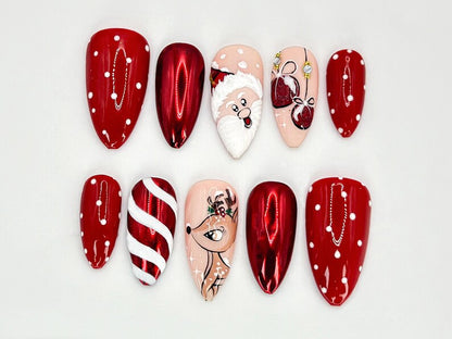 Christmas Santa Press On Nails | Santa, Reindeer and Holiday Ornaments Details | Christmas-Themed Nail Design l Festive Holiday Nail