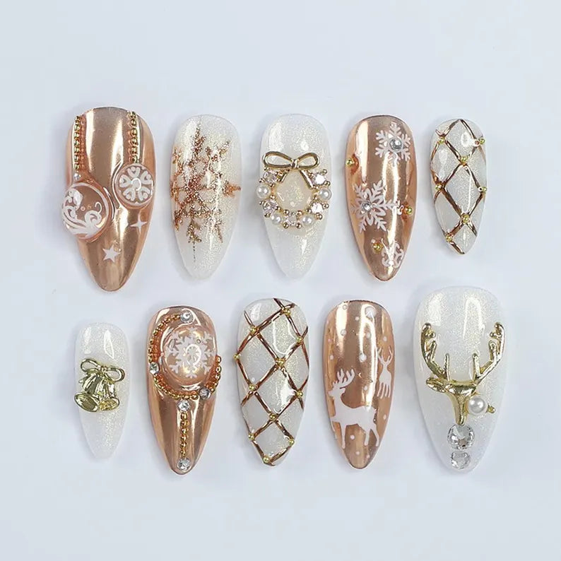 Festive Reindeer & Laurel Wreath Press-On Nails: Medium Almond Shape for a Holiday Vibe. Perfect Gift for Her This Christmas