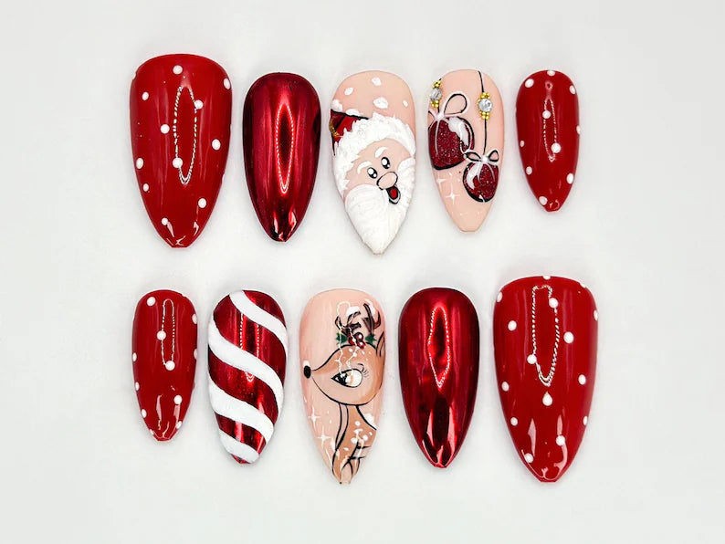 Christmas Santa Press On Nails | Santa, Reindeer and Holiday Ornaments Details | Christmas-Themed Nail Design l Festive Holiday Nail