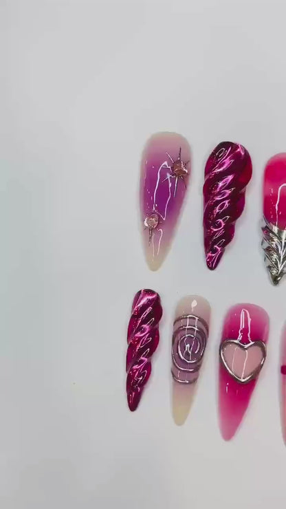 Freestyle 3D Pink & Purple Chrome Long Almond Press On Nails, Cute Valentine Fake Nails, Holiday Birthday Event Nails Art