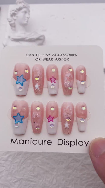 Cute Hand Painted Handmade Acrylic Press On Nails/Hollow Out Star French Tip Kawaii Nails/Y2K Glitter False Nails