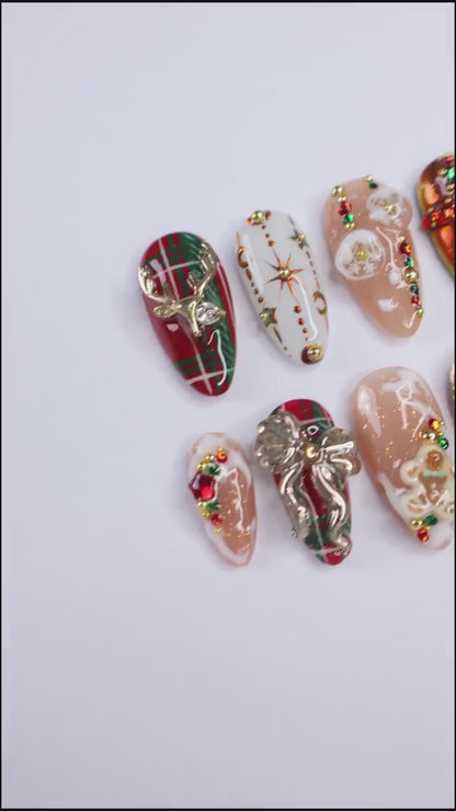 Festive 3D Christmas Tree & Reindeer Press-On Nails: Bright Colors to Celebrate a Cozy Christmas Night in Medium Almond Shape